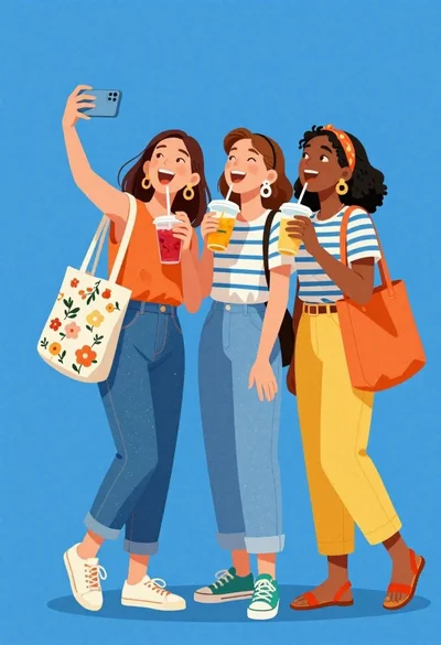 Three diverse friends taking a selfie on blue background