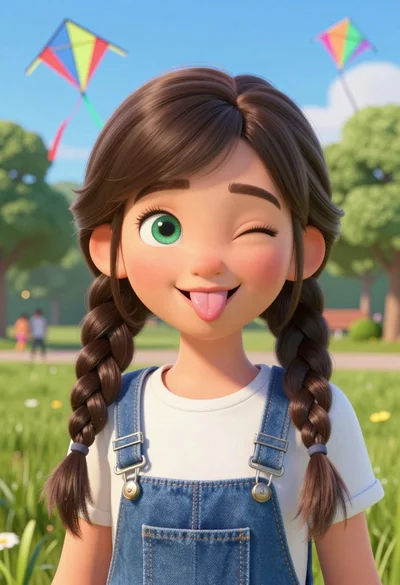 Cheerful young girl winking playfully outdoors with colorful kites flying