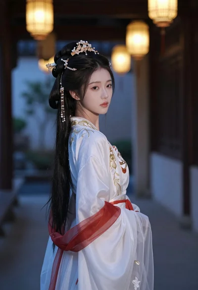 Young woman in white hanfu gown in traditional chinese courtyard setting
