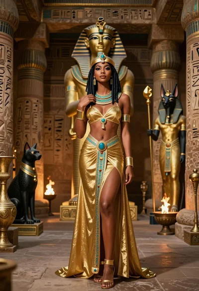 Regal woman in gold attire within grand ancient egyptian temple hall