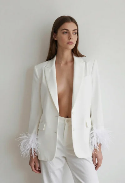 Woman with brown hair in white blazer standing against a plain wall