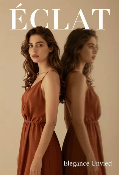 Dual portrait of woman in rust dress against beige studio background