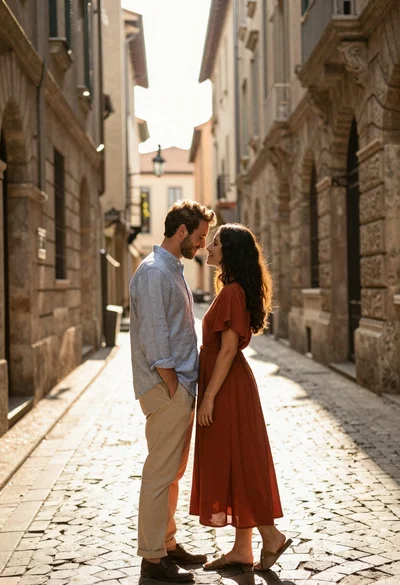 Romantic couple standing face to face in narrow european alleyway bathed in