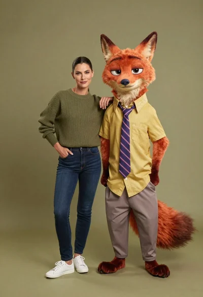 Full body studio shot of woman and anthropomorphic fox character