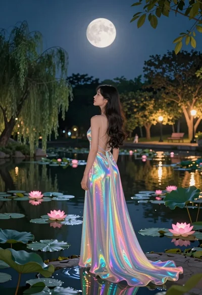 Woman in iridescent gown standing by pond under full moonlit sky