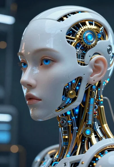 Close up cyborg woman head with golden internal mechanics