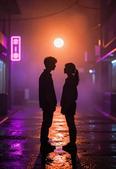Silhouettes of couple against hazy orange and purple light