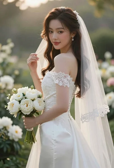 Close up portrait of shy bride in white gown on garden terrace