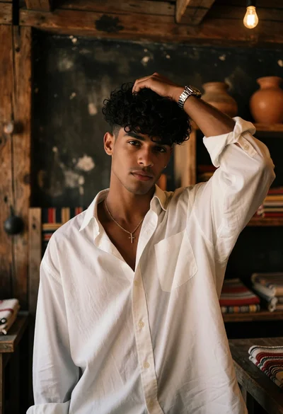 Young man with curly black hair in rustic studio setting wearing white