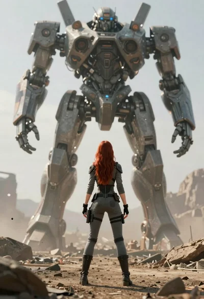 Woman standing before enormous mech walker in alien landscape