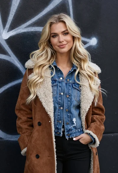 Portrait of blonde woman in suede coat against dark graffiti wall