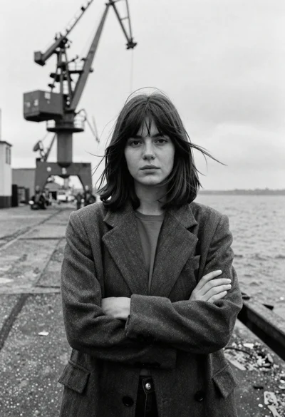 Young woman in blazer on industrial dock with metal cranes background