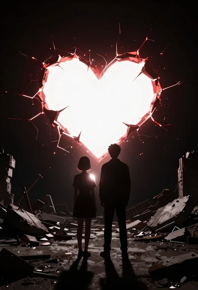 Two silhouettes in abandoned ruins facing glowing rift