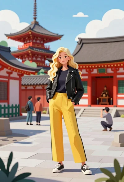 Young woman in black jacket standing before japanese temple courtyard setting