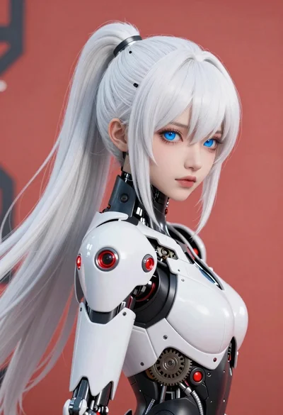 Cybernetic android portrait in red scifi setting