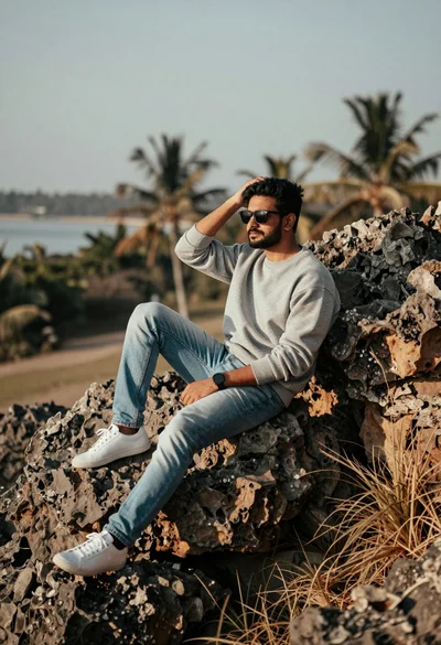 Man sitting on rock formation overlooking blurred tropical landscape background