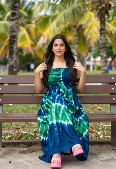 Woman in blue green tiedye dress sitting on park bench outdoors