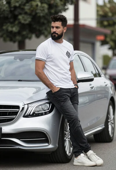 Man leaning against silver luxury sedan on an urban street at low