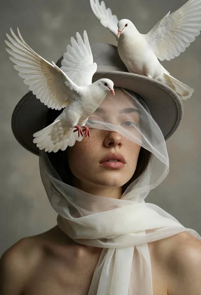 Surreal portrait of woman with doves flying around her head