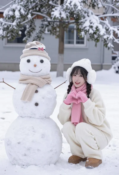 Smiling young woman in winter clothes crouching by a snowman in snow