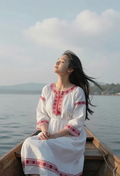Young woman in white embroidered dress sitting in wooden boat on water