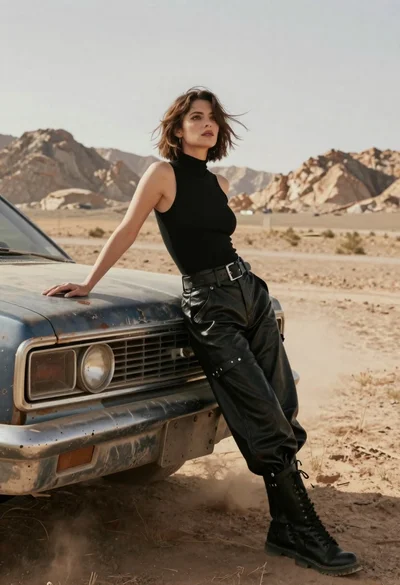 Woman in black leather outfit leaning on vintage car in desert