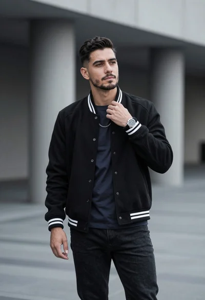 Man in black varsity jacket adjusting collar in modern urban setting