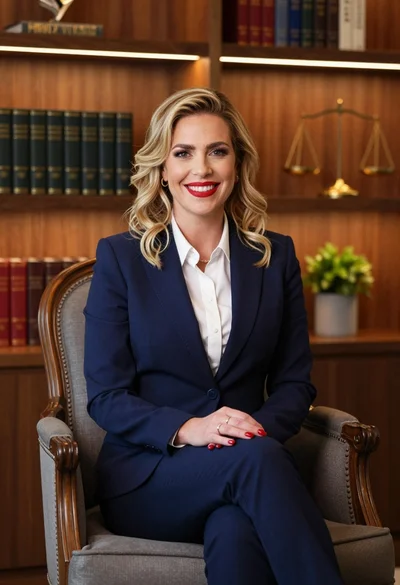 Professional portrait of smiling blonde woman in navy suit sitting in armchair