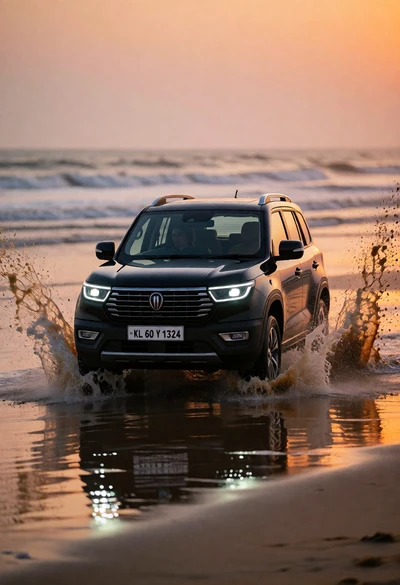 Black suv driving aggressively across wet beach sand at sunset