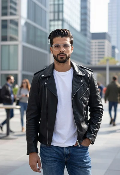 Handsome man in leather jacket standing in modern glass skyscraper plaza
