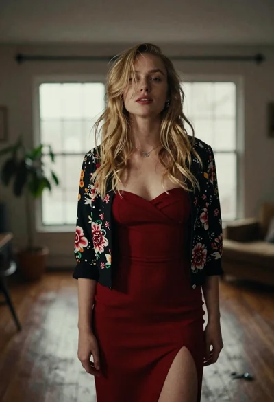 Fair blonde woman in red dress and floral jacket indoors