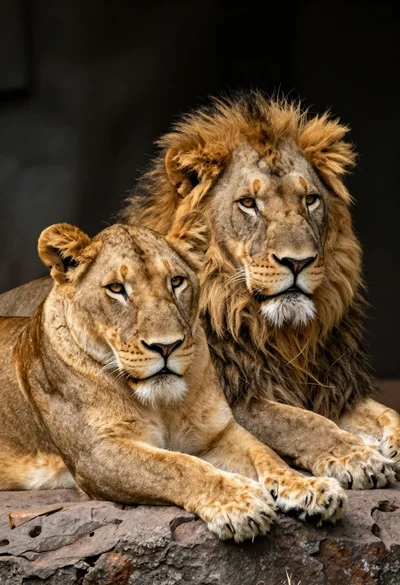 Majestic lioness and male lion resting on grey rock ledge in warm