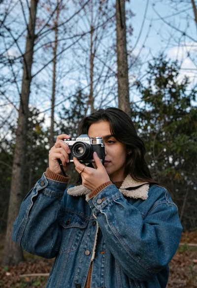 Young woman in denim jacket holding vintage camera in a forest
