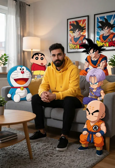 Photorealistic man sitting on sofa with animated characters in modern living room