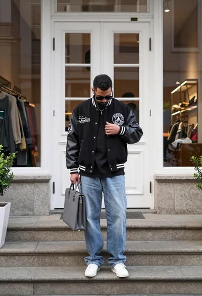 Man in varsity jacket standing on stone steps before white double doors