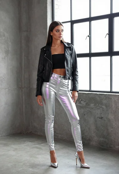Fair skinned woman in black leather jacket standing in modern loft space