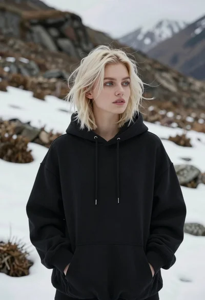 Fair blonde woman in black sweatshirt against snowy mountain landscape backdrop
