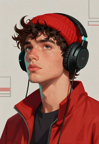 Close up portrait of young man wearing headphones looking upward