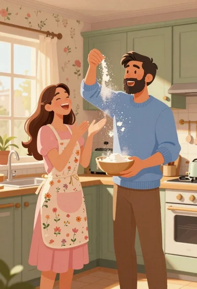 Smiling couple baking together in a sunlit kitchen with flour flying