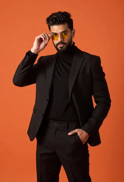 Man in black suit adjusting sunglasses against orange background