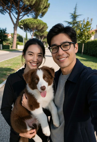 Couple taking a selfie outdoors with a dog on a paved walkway