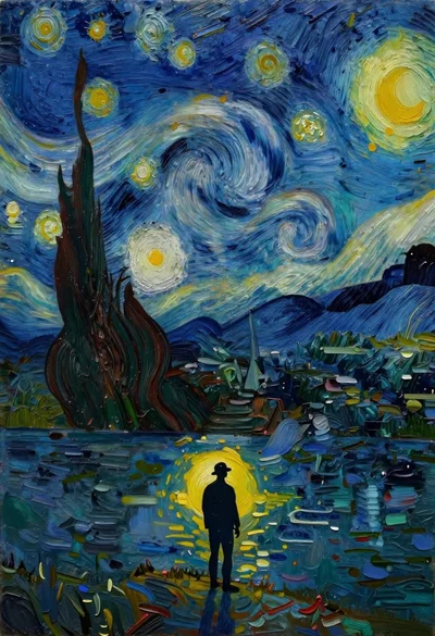 Fisherman silhouette on lake under swirling night sky