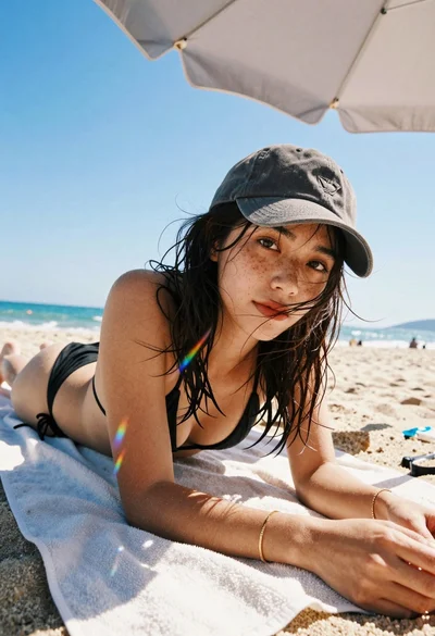 Young woman on beach towel wearing black bikini under bright blue sky