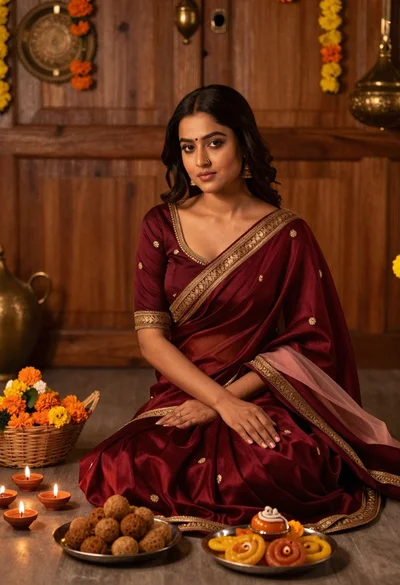 Young woman in maroon saree sitting amidst festive indian decorations indoors