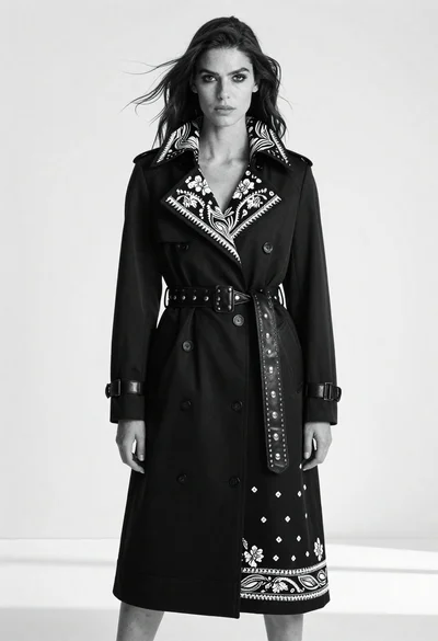 Full body portrait of woman in elaborate black coat studio setting