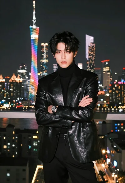 Stylish man in black blazer against vibrant city skyline at night