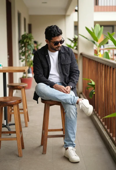 Man sitting casually in indoor corridor lined with plants and wooden railings