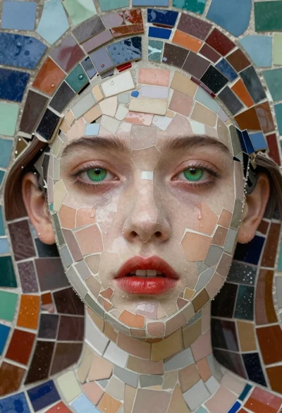 Mosaic portrait of a womans face with green eyes