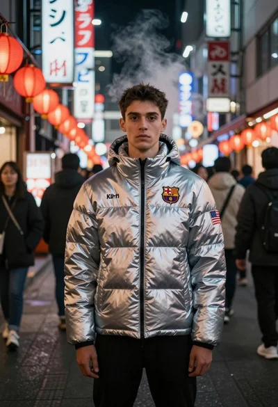 Man in silver jacket on busy asian street at night