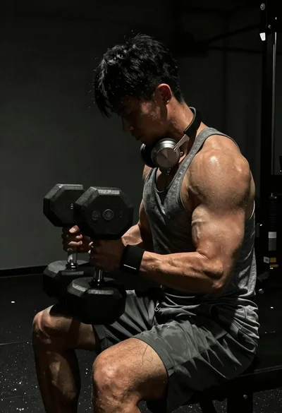 Close up of heavily muscled male athlete performing controlled dumbbell curl